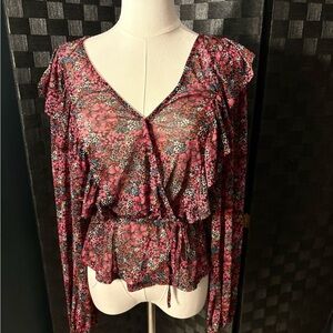 SO Pink Floral Sheer Ruffle Peplum Blouse